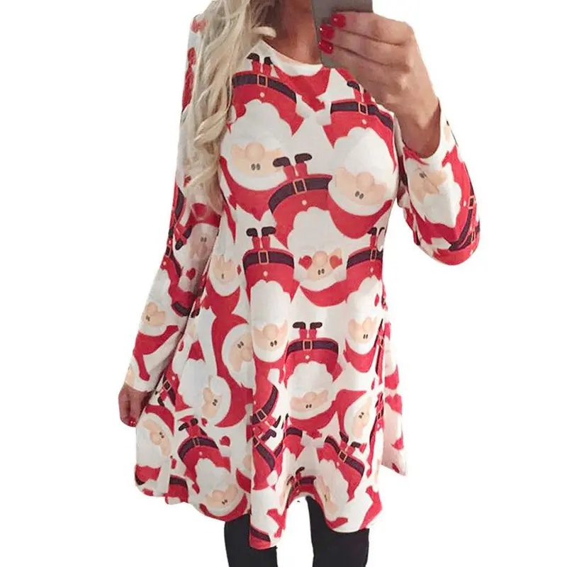 Ladies Women Long Sleeve Olaf Santa Printing Party Swing Dress Fast Shipping 1