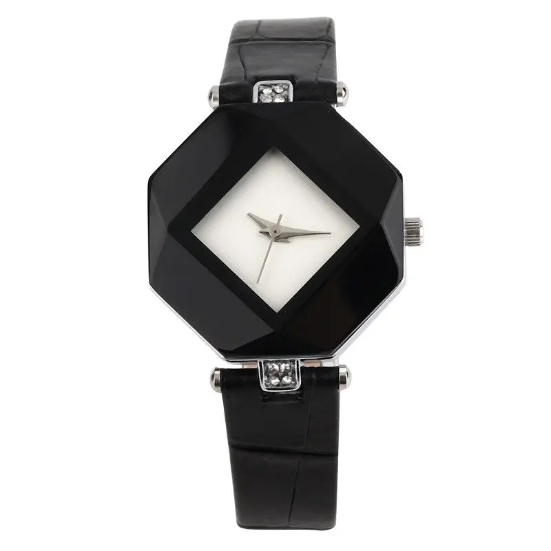 Ladiesleather Strap Hexagonal Analog Quartz Casual Wrist Watch 3 Colors Blue Black White 2
