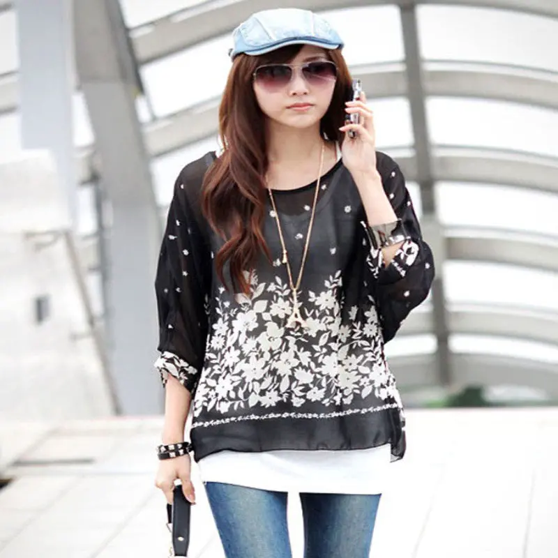 Lady Batwing Sleeve Chiffon Shirt Bohemian Floral Oversized Blouse In Forward 1