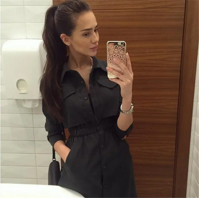 Lady Button Dress Women Dress Long Sleeve Turn-Down Collar Solid Dress Office Work Wear Dress Vestidos Gv364 1