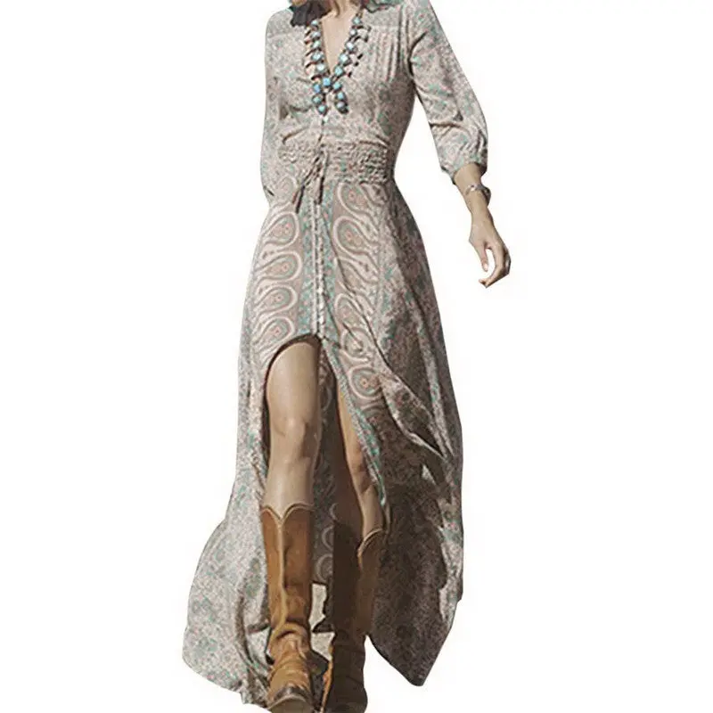 Lady Causal Long Sleeve Women Dress Vestidos De Festa Beach Boho Long Dress Bohemian V Neck Print Dress Vestido De Festa 1