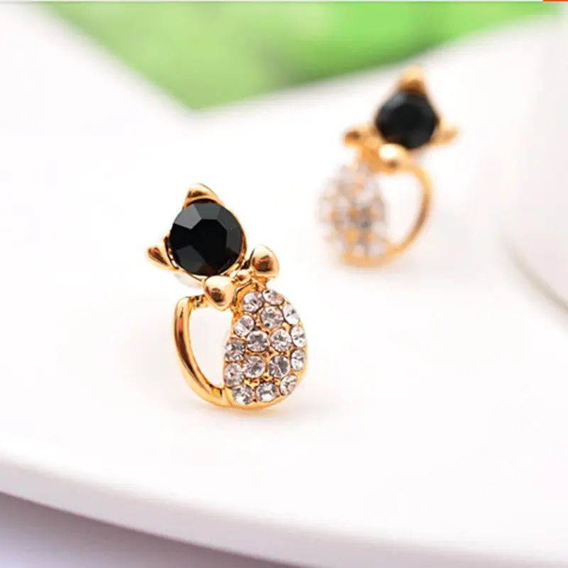 Lady Cute Cat Bowknot Rhinestone Ear Stud Earrings Jewelry 1