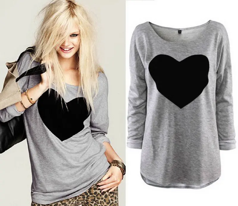 Lady Cute Heart Love Round Neck Long Sleeve Top T-Shirt 1