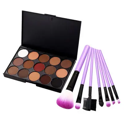 Lady Girls Cosmetic Women Makeup 7Pcs Makeup Brush 15 Colors Eyeshadow Pressional Make Up Kit 1