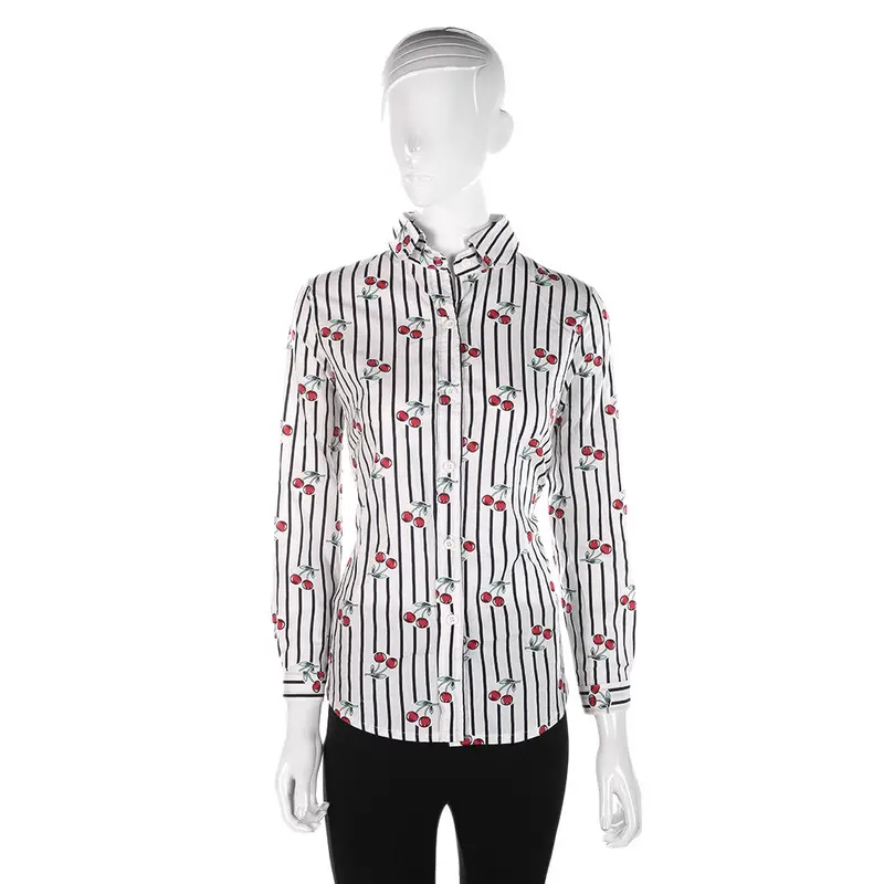 Lady Long Sleeves Shirtblouse Cherry-Printed Stripe Shirt Office Lady Beige And Blue Stripeblue Bottom White Stripe 1