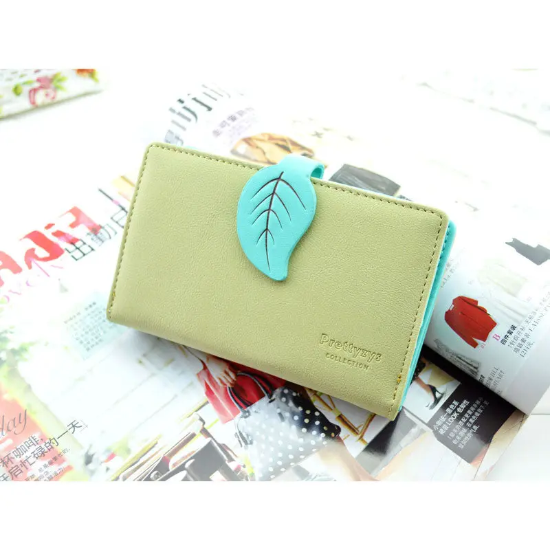Lady Retro Leaf Purse Card Holder Hit Color Clutch Wallet Bag 1