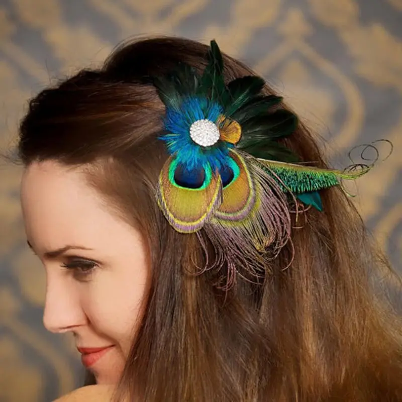 Lady Rhinestones Peacock Feather Bridal Weddings Hair Clip Pin Hairpin 1