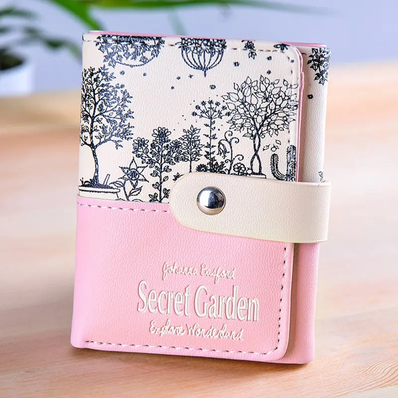 Lady Short Leather Wallet Button Clutch Checkbook Card Holder Purse Candy Colors Printing Women Gifts Purse Card Holder Carteira 2
