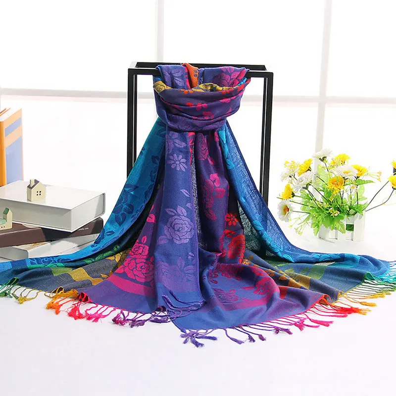 Lady Women Double Sided Roses National Wind Scarf Wrap Shawl 1