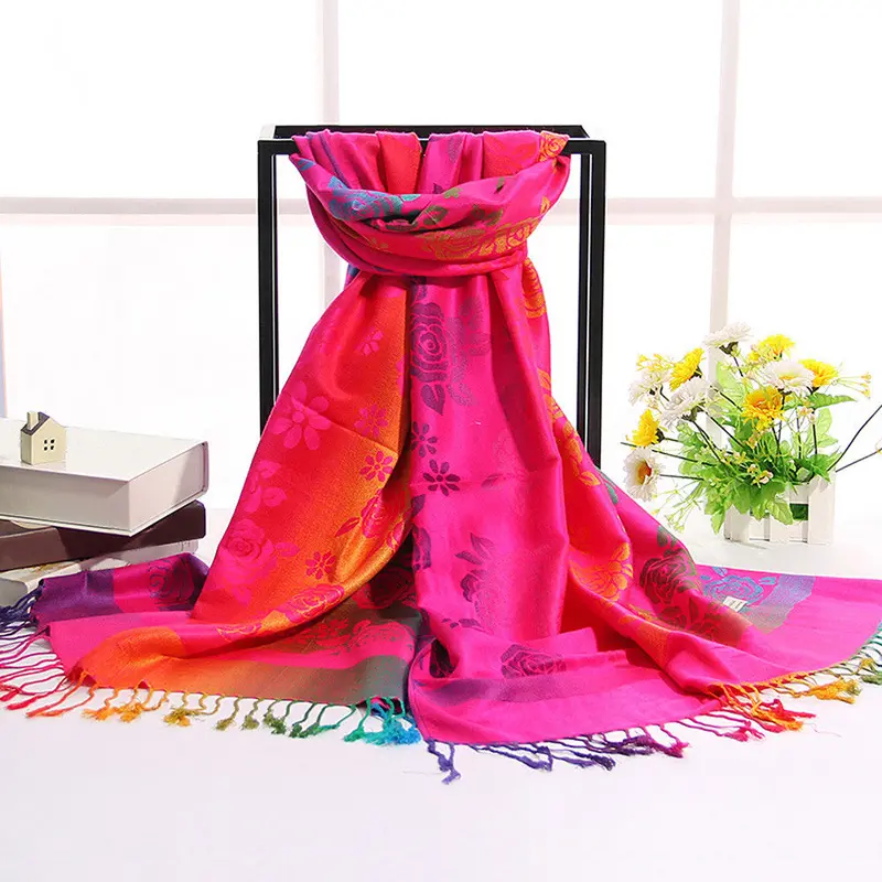 Lady Women Double Sided Roses National Wind Scarf Wrap Shawl 2