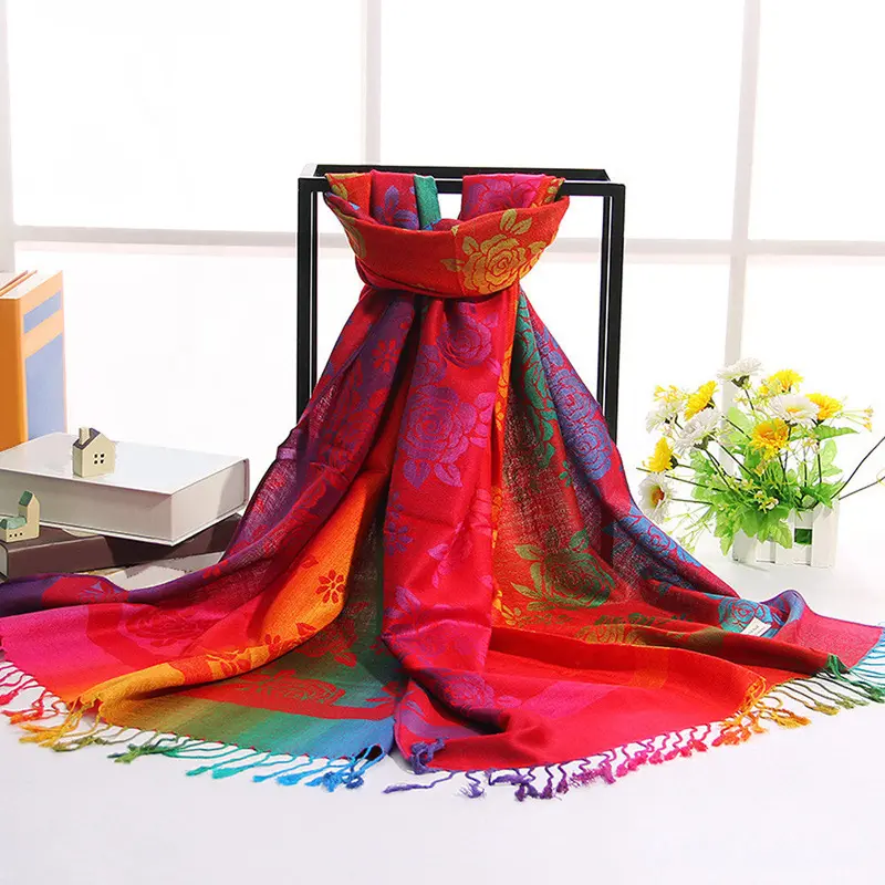 Lady Women Double Sided Roses National Wind Scarf Wrap Shawl 4