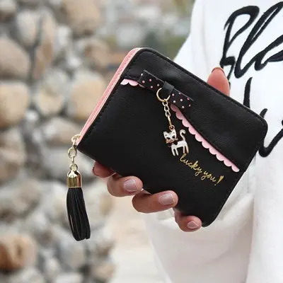 Lady Women Mini Magic Bifold Leather Wallet Card Holder Purse With Zipper Tassels Design Clutch Wallets 1