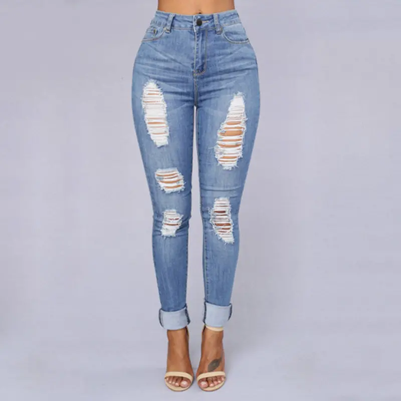 Ladydesign High Waist Package Hip Jeans Casual Denim Long Slim Type Skinny Broken Hole Long Pants Trousers 1