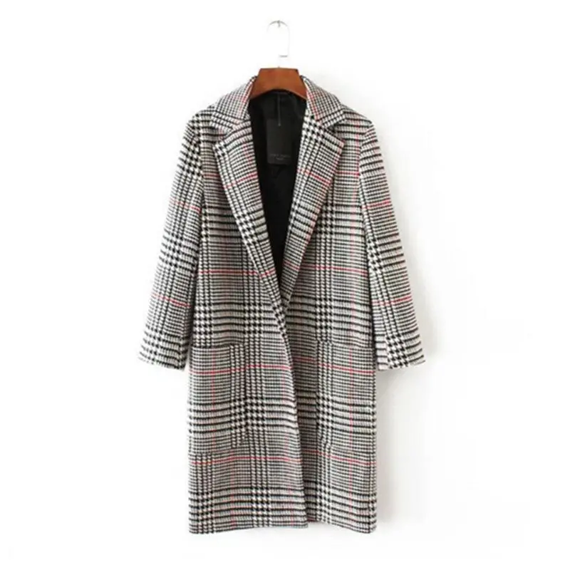 Lapel Contrast Color Plaid Coat Women Notched Collar Mid Long Windbreaker Big Pockets Loose Wool Blend Coat Outerwear 1