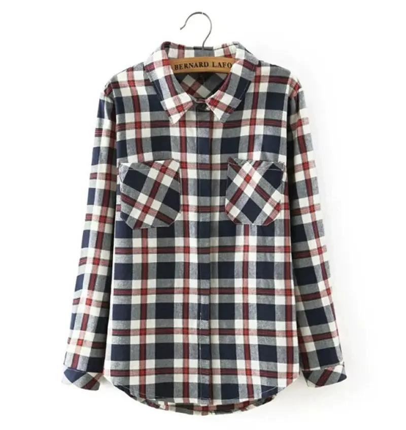 Lapel Contrast Plaid Print Shirt Women's Long Sleeve Casual Cotton Shirt Blouse Tops 1