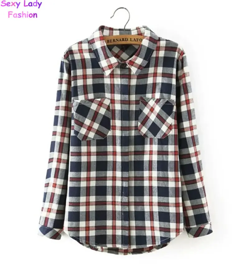 Lapel Contrast Plaid Print Shirt Women's Long Sleeve Casual Cotton Shirt Blouse Tops 2