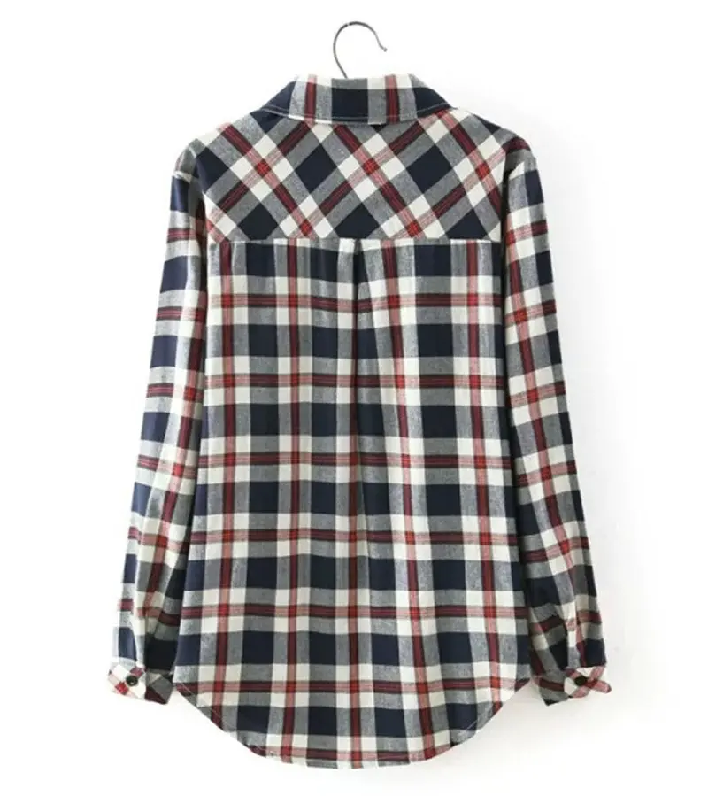 Lapel Contrast Plaid Print Shirt Women's Long Sleeve Casual Cotton Shirt Blouse Tops 3