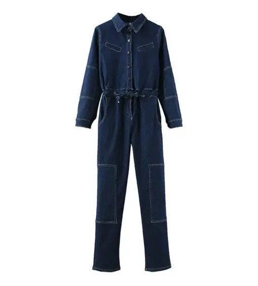 Lapel Long Sleeve Denim Jumpsuit Long Pants Vintage Street Women Sashes Waist Jeans Rompers Overalls 1