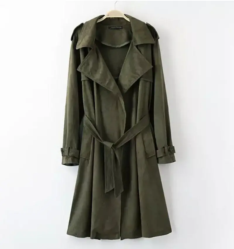 Large Lepal Epaulet Double Side Faux Suede Mid Long Trench With Sashes Vintage Women Army Green Long Sleeve Coat Outwear 1