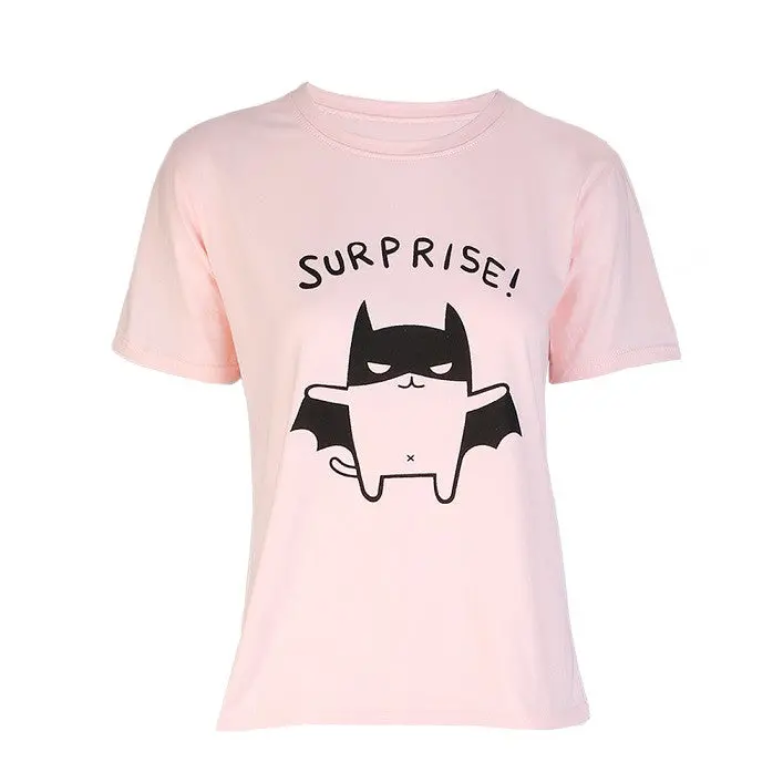 Large Size Short Sleeve Cute Print T-Shirt Bat With Graywhitepink Color 1