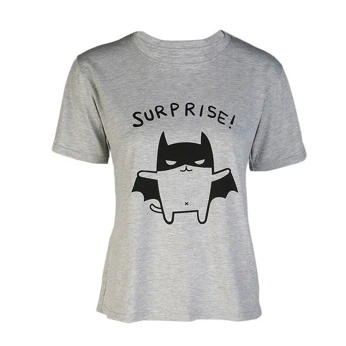 Large Size Short Sleeve Cute Print T-Shirt Bat With Graywhitepink Color 2