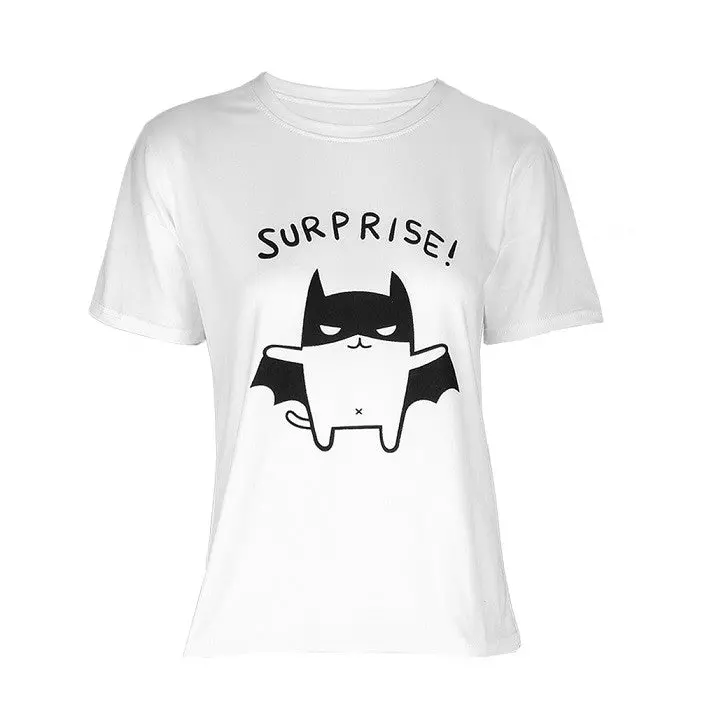 Large Size Short Sleeve Cute Print T-Shirt Bat With Graywhitepink Color 3