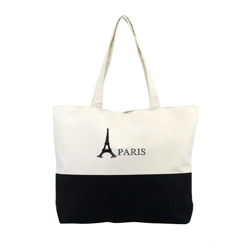 Large Space Women Canvas Handbag Zipper Shopping Shoulder Bag Paris Eiffel Tower Girls Beach Bookbag Tote Bolsa 3
