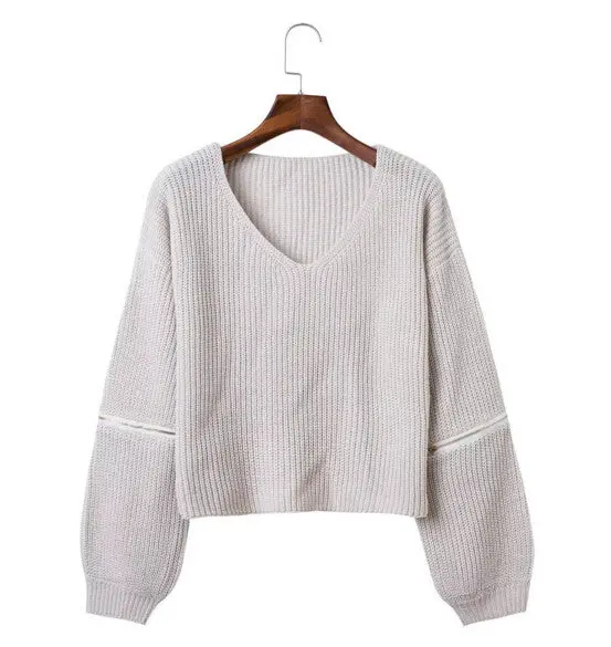 Large V Neck Sleeve Zipper Sweater Retro Women Knitted Long Sleeve Loose Short Jumper Knitwear Sweater Tops 3 Colors 1