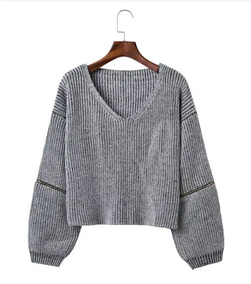 Large V Neck Sleeve Zipper Sweater Retro Women Knitted Long Sleeve Loose Short Jumper Knitwear Sweater Tops 3 Colors 2