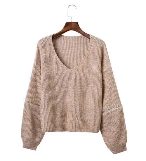 Large V Neck Sleeve Zipper Sweater Retro Women Knitted Long Sleeve Loose Short Jumper Knitwear Sweater Tops 3 Colors 3