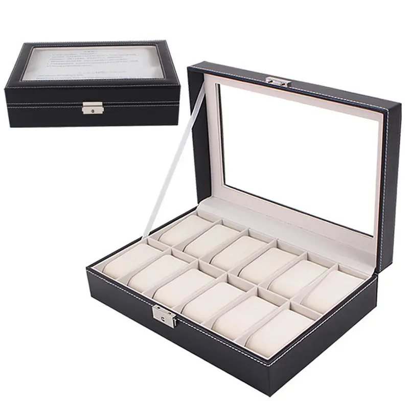 Large Watch Display Case Jewelry Box Leather Glass 12 Slots Men Black Fast Shipping Feida 1