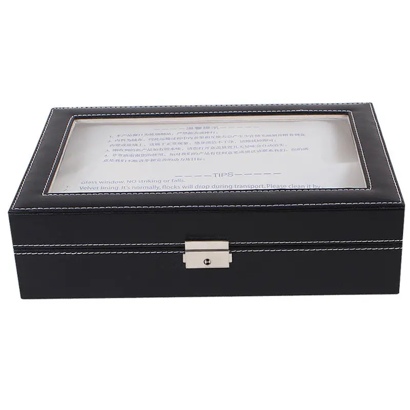 Large Watch Display Case Jewelry Box Leather Glass 12 Slots Men Black Fast Shipping Feida 2