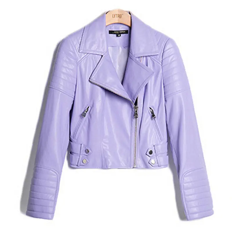 ~ Lavender Pu Faux Leather Reched Short Motorcycle Biker Jacket Women's Zipper Pockets Short Coat Outerwear Tops 1