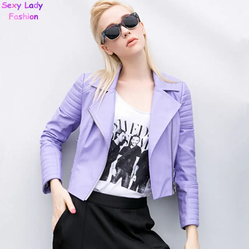 ~ Lavender Pu Faux Leather Reched Short Motorcycle Biker Jacket Women's Zipper Pockets Short Coat Outerwear Tops 2