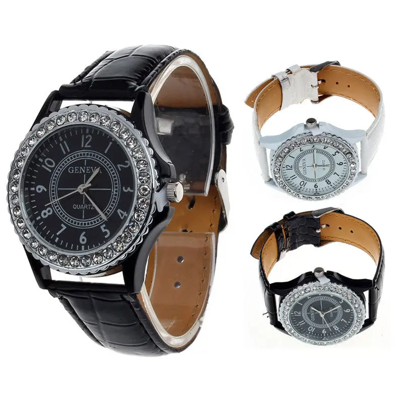 Leather Crystal Dial Lady Wrist Watch Bracelet Quartz Hour 1