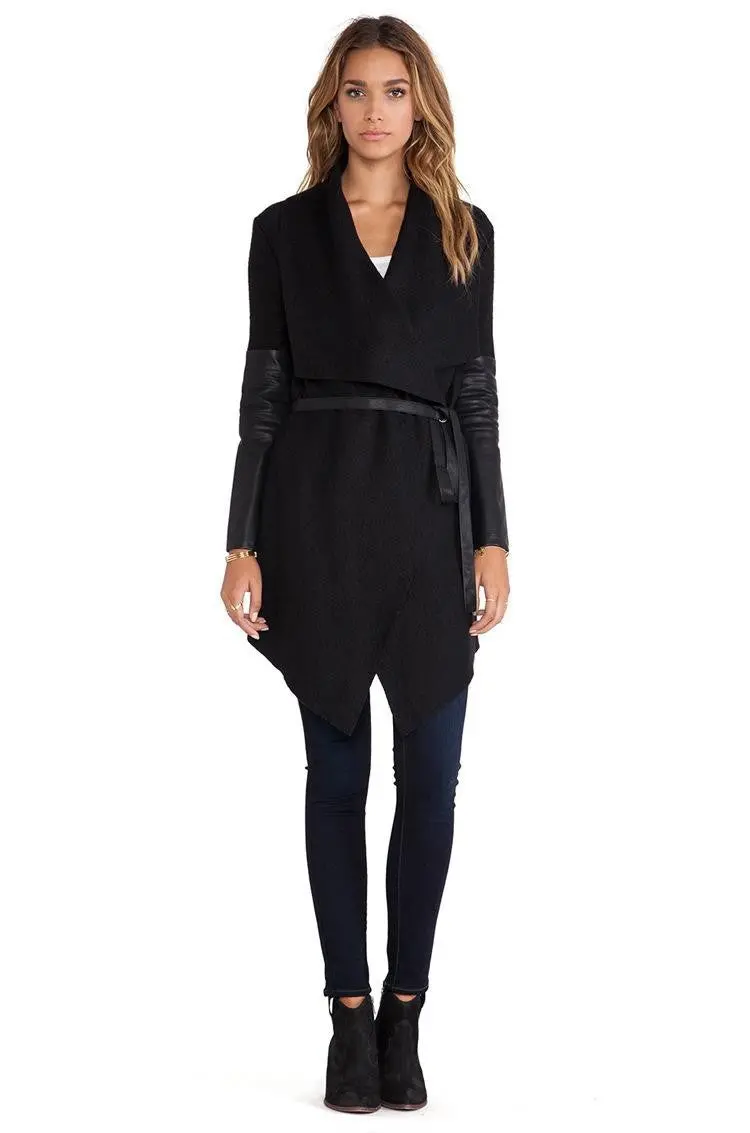 Leather Sleeve Irregular Wool Coat Long Sleeve Oversized Caidigan Coat With Belt Women's Overcoat 1