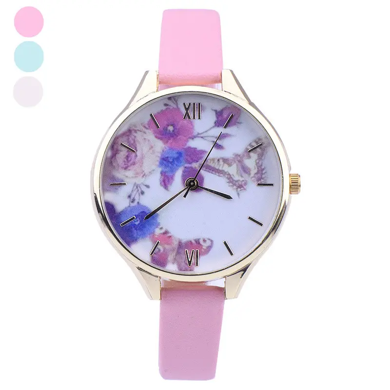 Leather Watches Women Rhinestone Dress Watch Quartz Watches Casual Mujer Relogio Flower Printed Thin Clock 1