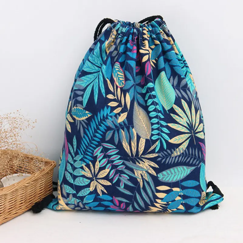 Leaves Women Men Backpack Printing Canvas Cat Backpacks For Girls Drawstring School Femmes Mulheres Bag 2