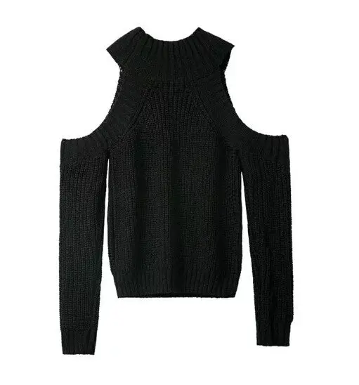 Leisure High-Necked Strapless Sweater 6 Color Women Sexy Turtleneck Hollow Out Shoulder Long Sleeve Knitted Pullover Sweater 1