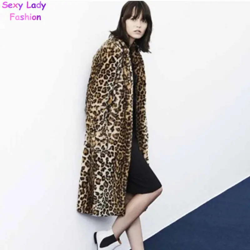Leopard Faux Fur Long Coat Faux Rabbit Fur Jackets Lapel Collar Long Sleeve Outerwear Loose Overcoat 2