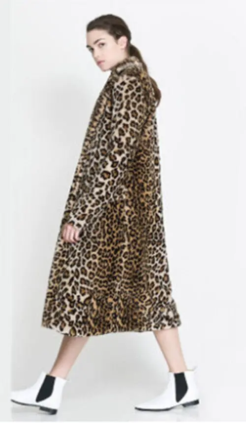 Leopard Faux Fur Long Coat Faux Rabbit Fur Jackets Lapel Collar Long Sleeve Outerwear Loose Overcoat 3