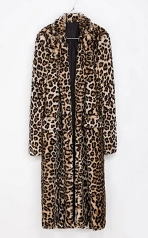 Leopard Faux Fur Long Coat Faux Rabbit Fur Jackets Lapel Collar Long Sleeve Outerwear Loose Overcoat 4
