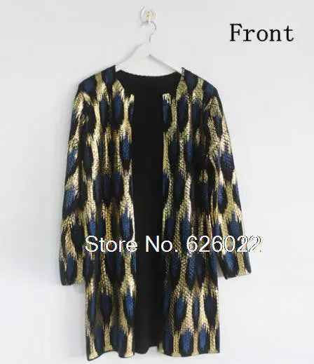 ~ Leopard Print Bronzing Sweater Outerwear O-Neck Medium Long Cardigan Shinny Golden Contrast Color Jumper Sweater Tops 1