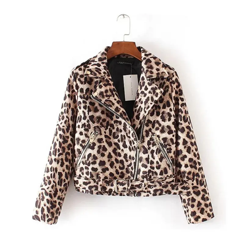 Leopard Print Lapel Short Jacket Women Zipper Pockets Adjustable Waist Hem Motorcycle Coat Outerwear 1