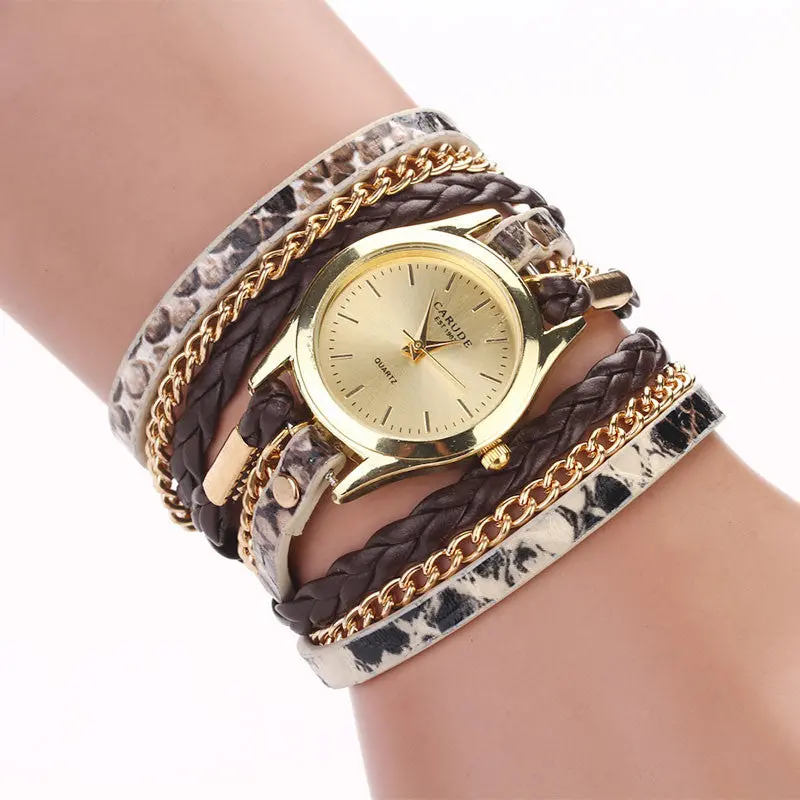 Leopard Printed Watches Women Lady Bracelet Quartz Clock Braided Winding Wrap Wristwatch Women Watches Gold 1