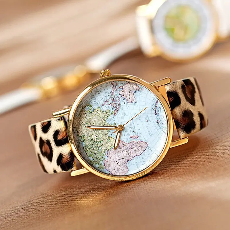 Leopard Women World Map Women's Dress Quartz Watch Women Casual Wristwatch Relojes Motre Luxe 1