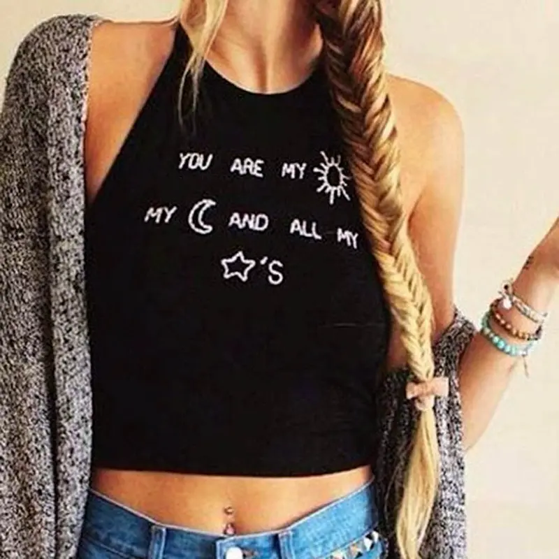 Letter Print Crop Tops Women Print Sleeveless Cropped Feminino Halterneck Tank Tops Vest Black Women Shirt Blusa For 1