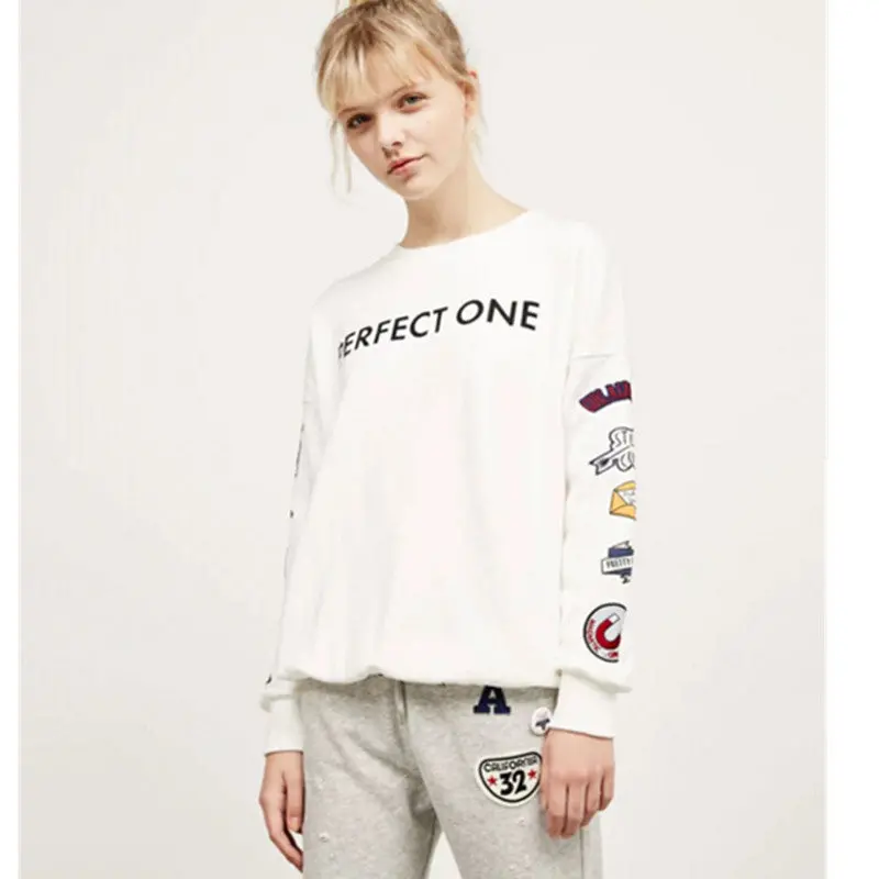 Letter Print On Front Long Sleeve Sweatshirt Women O Neck Pullover Hoodies Casual Jumper Sweats Tops White 2