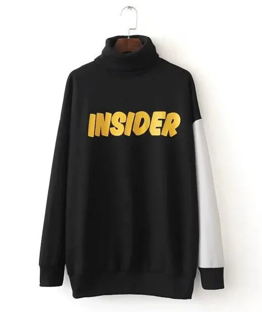 Letter Print Sweatshirt Women Black White Contrast Long Sleeve Turtleneck Hoodies Sweats Jumpers Femme Pullovers 1