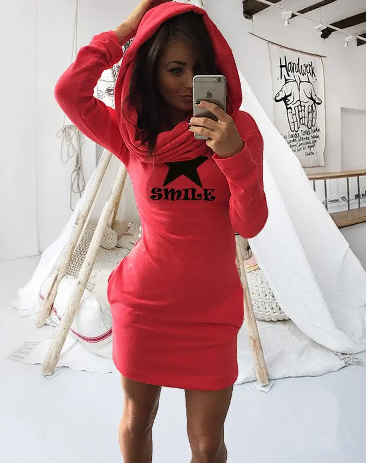 Letter Printed Sweatshirt Women Hoodies Dress Long Sleeve Casual Pullover Hooded Dress Gv265 9